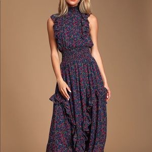 Lulu’s Evalina Navy Blue Floral Print Mock Neck Midi Dress